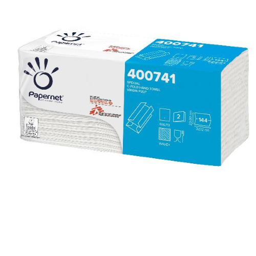 PAPERNET ASCIUGAMANI PIEGATI A C IN PURA CELLULOSA MICROGROFFATO 144 FOGLI DA 23X33 CM BIANCO CONF 20 Pz.